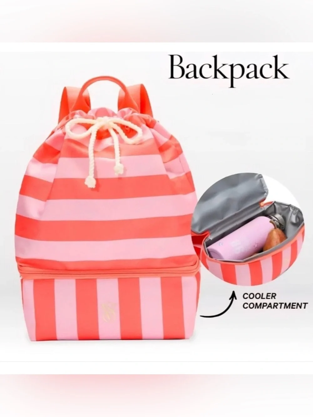 Victoria's Secret Coral Pink Striped Drawstring Backpack with Cooler-NWOT